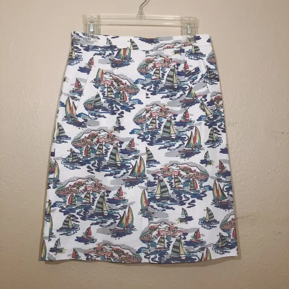 Nine West Sweet Escape Havana Nautical Sailboat Beach Print Linen Blend Skirt